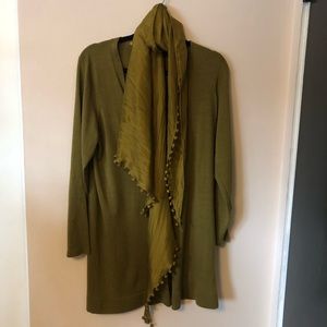 EILEEN FISHER FINE MERINO WOOL CHARTREUSE BUTTONED CARDIGAN SCARF